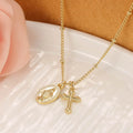 Gold geometric Virgin Mary cross necklace on a chain, simple style.