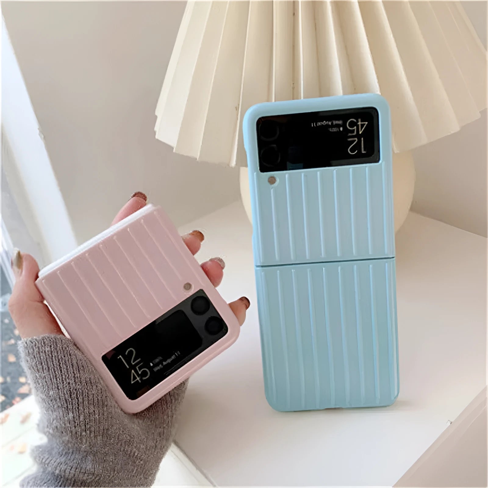 Samsung Z Flip3 flip phone case in ultra-thin PC, showing colour options: black, red, pink, silver, gold, sky blue, light green.