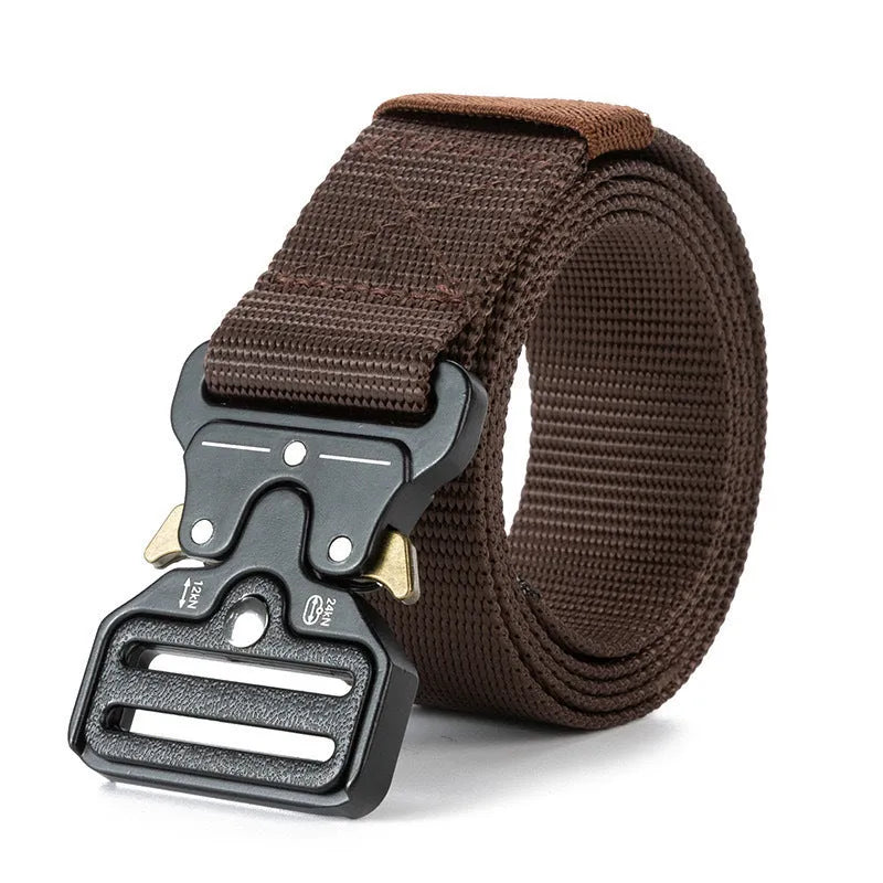 Men's thick canvas tactical belt with alloy quick-release buckle in army green colour