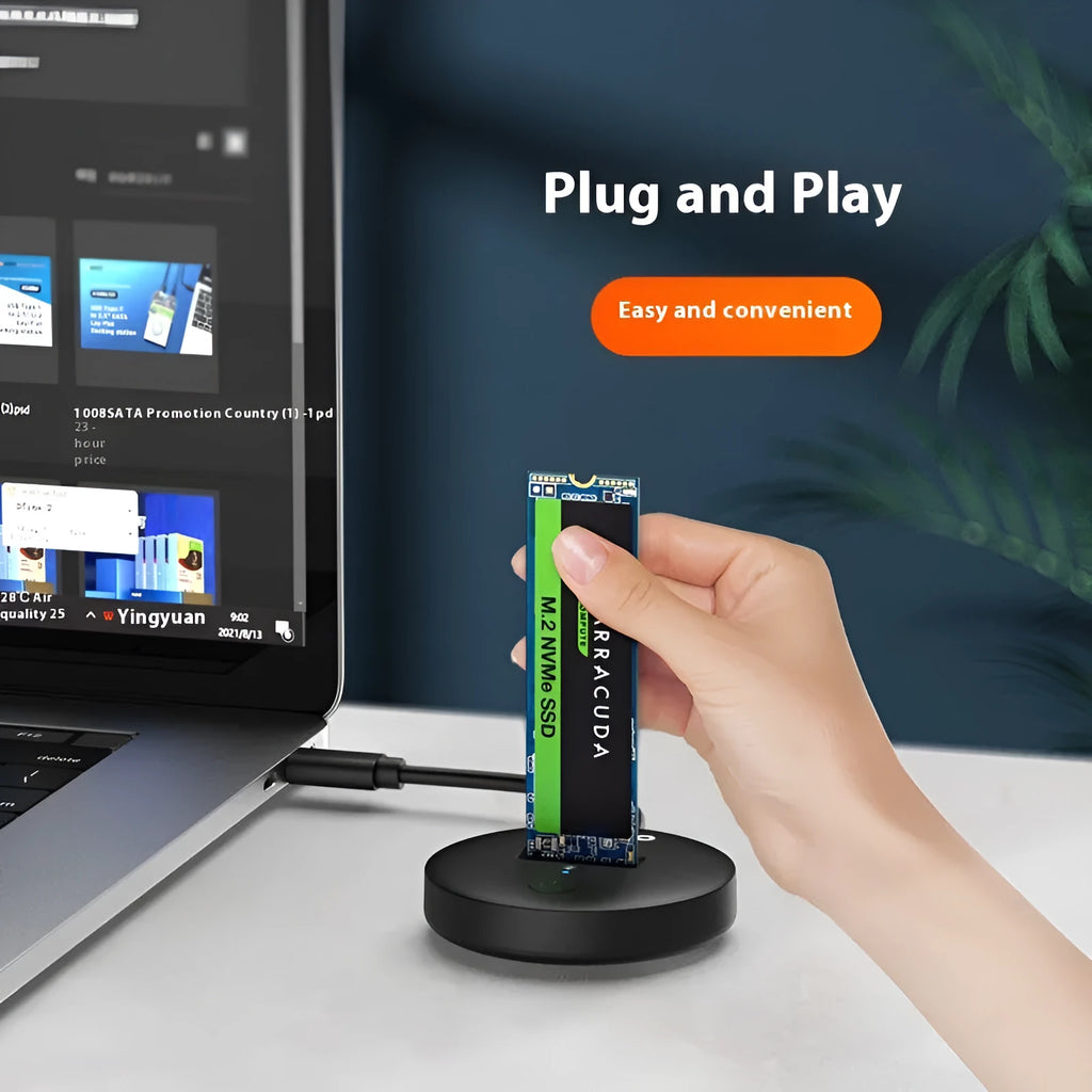 Black external NVME to USB-C SSD enclosure with 10Gbps speed on a desk.