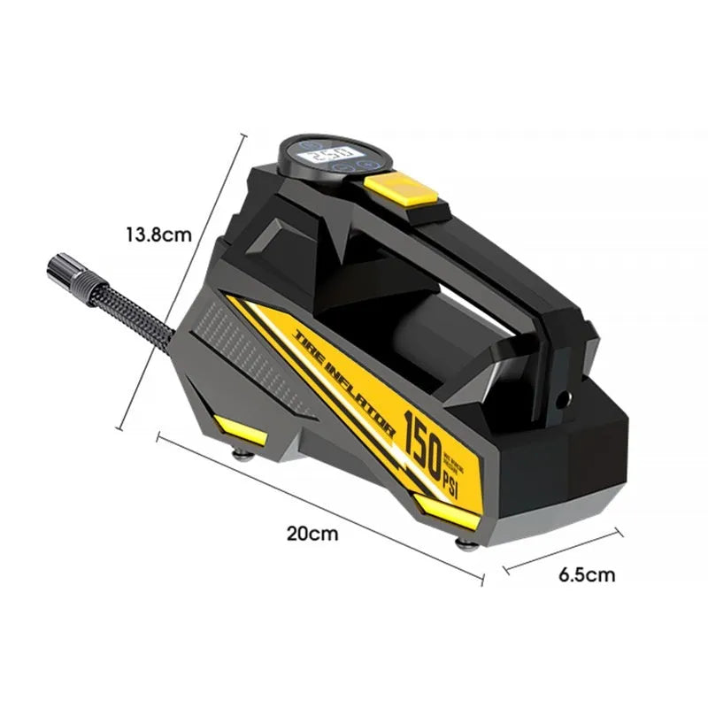 Black portable digital tyre inflator with display and light, shown with its power cord and hose.