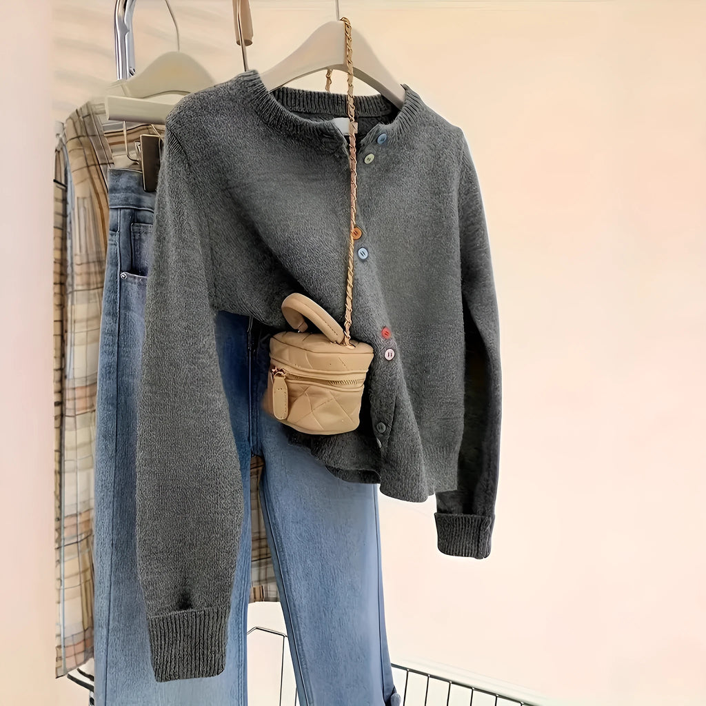 Dark grey women's polyester cardigan with button front and long sleeves.