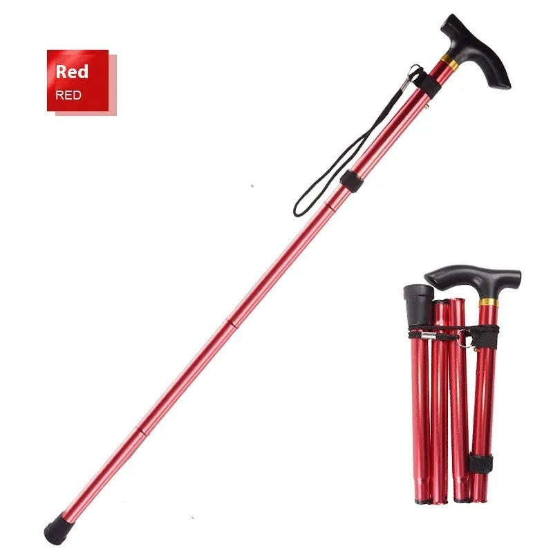 Aluminium folding walking stick with adjustable length and non-slip handle in six colour options