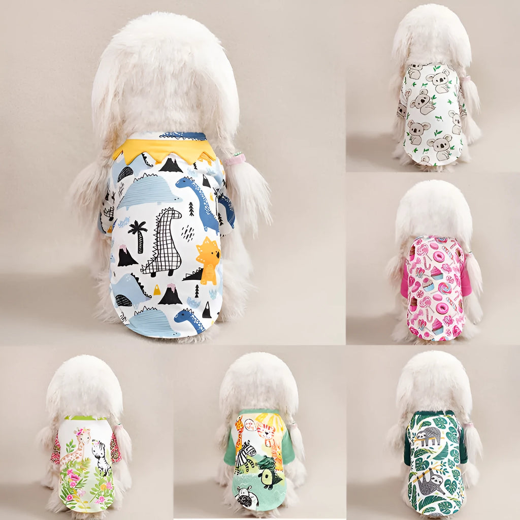 Colourful printed polyester t-shirt for a small dog, showing size chart with chest and length measurements.