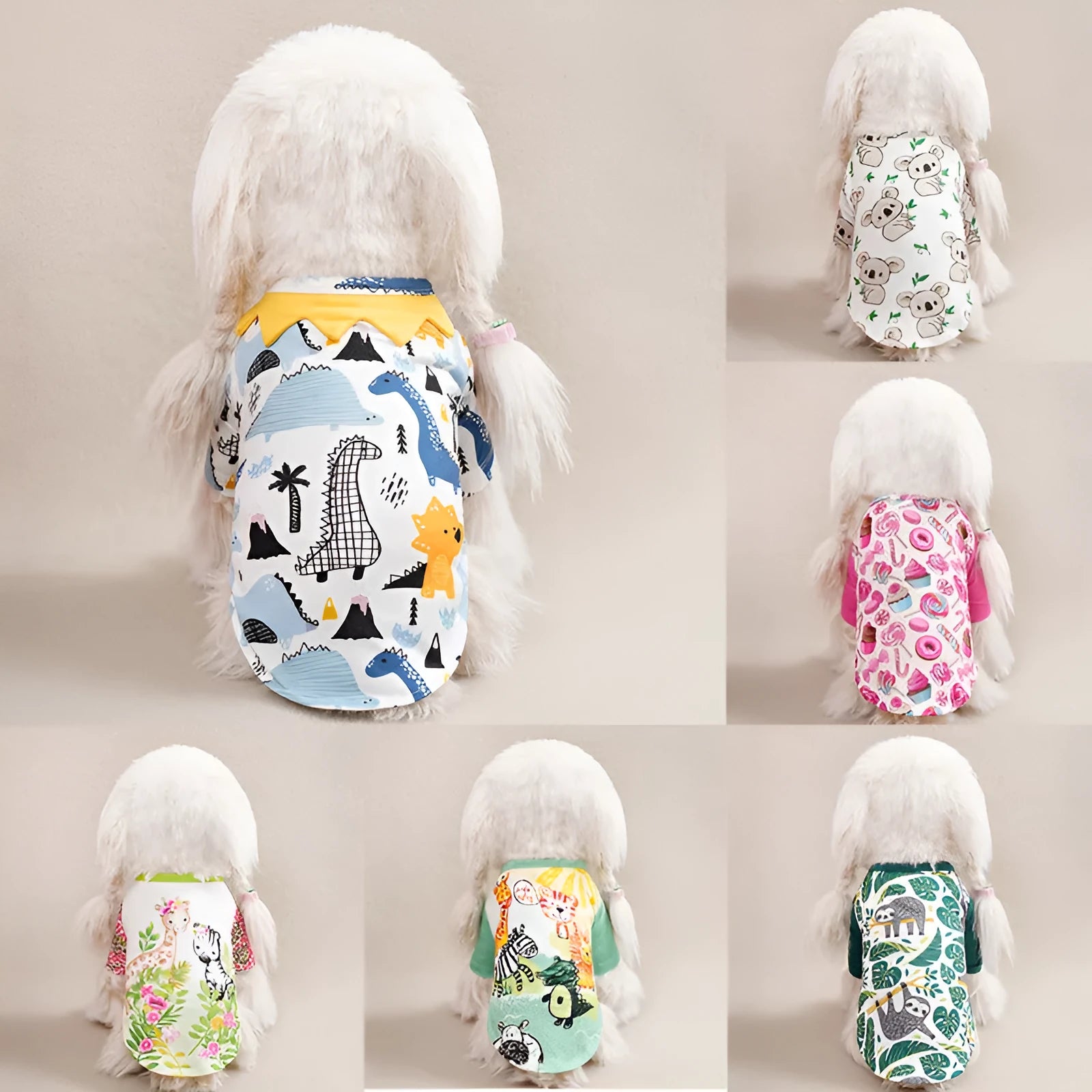 Colourful printed polyester t-shirt for a small dog, showing size chart with chest and length measurements.