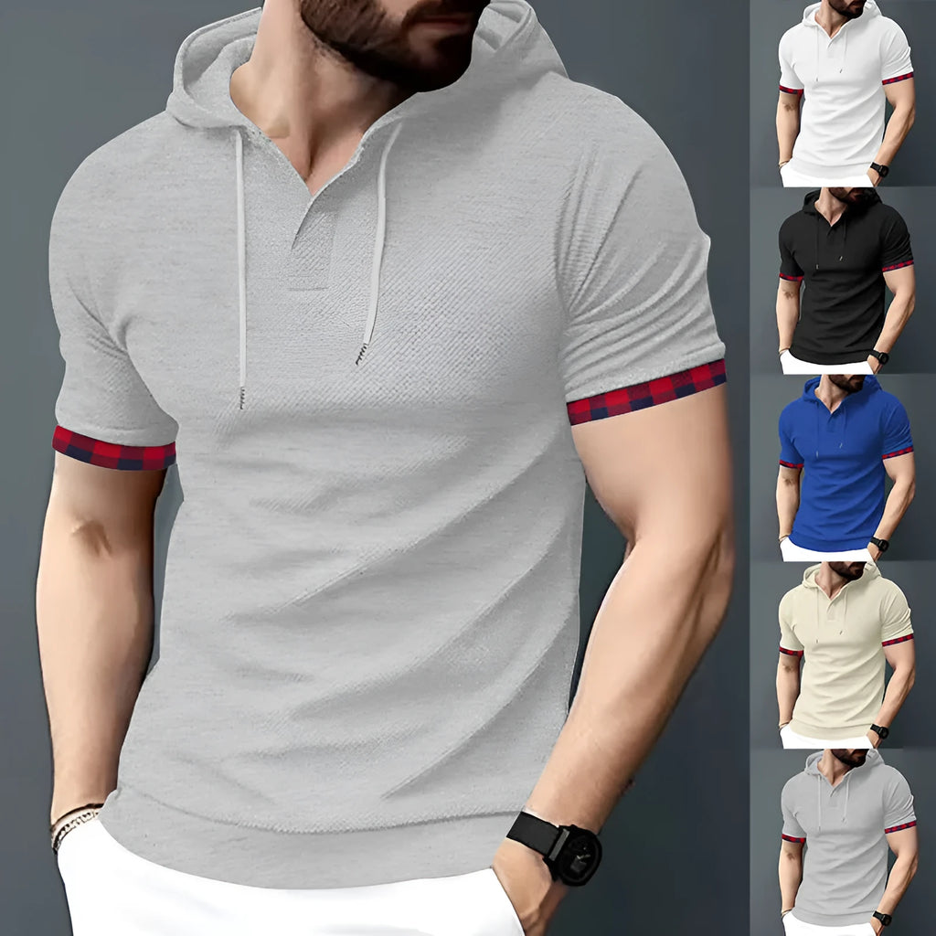 Men's short sleeve sport casual hooded top in solid colour, polyester blend, fitted cut, available in plus sizes