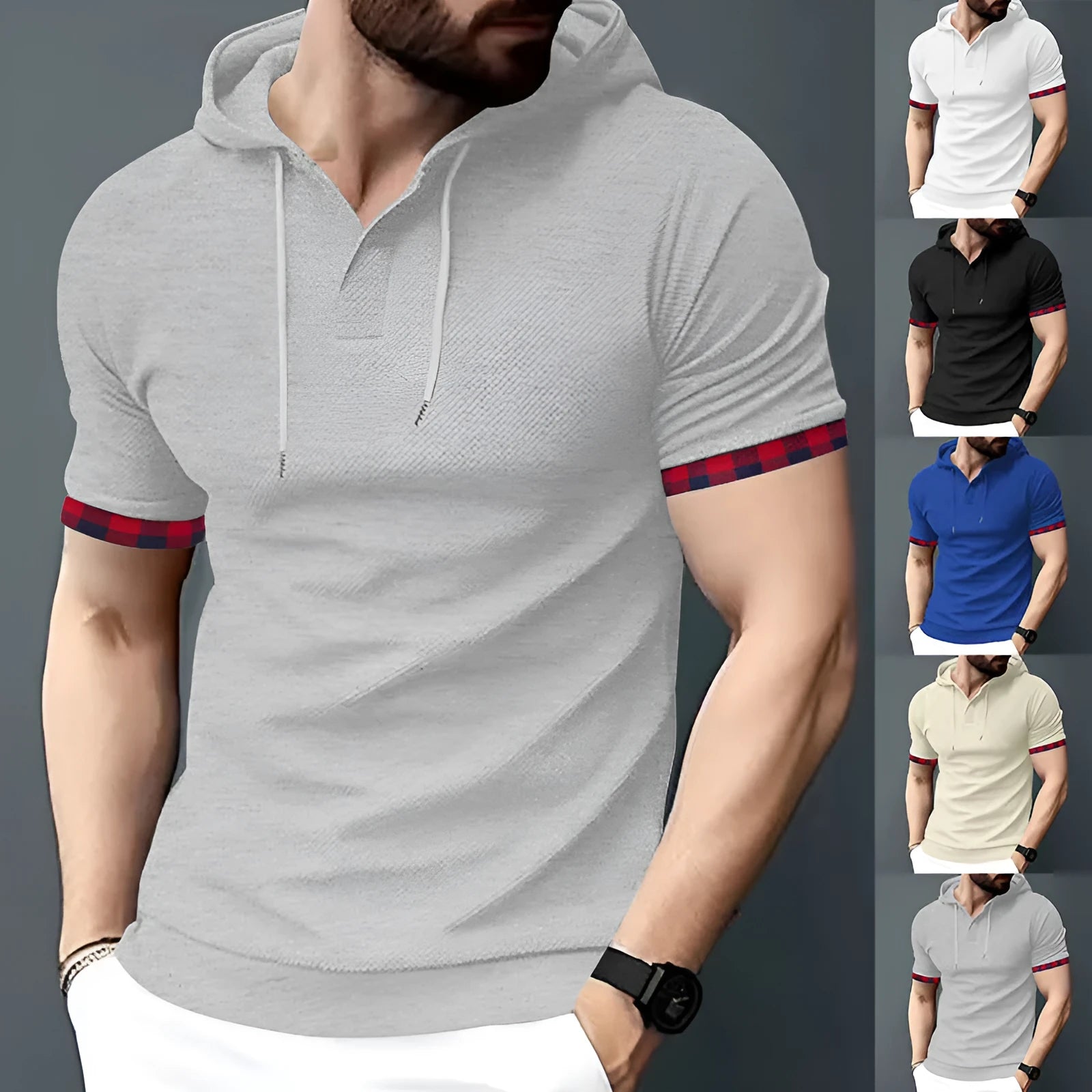Men's short sleeve sport casual hooded top in solid colour, polyester blend, fitted cut, available in plus sizes