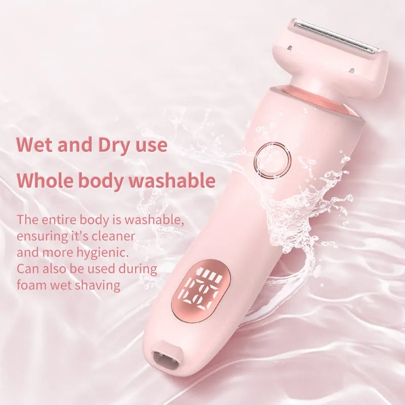 2 in 1 women's electric shaver with two cutting heads, USB rechargeable, IPX7 waterproof, in pink