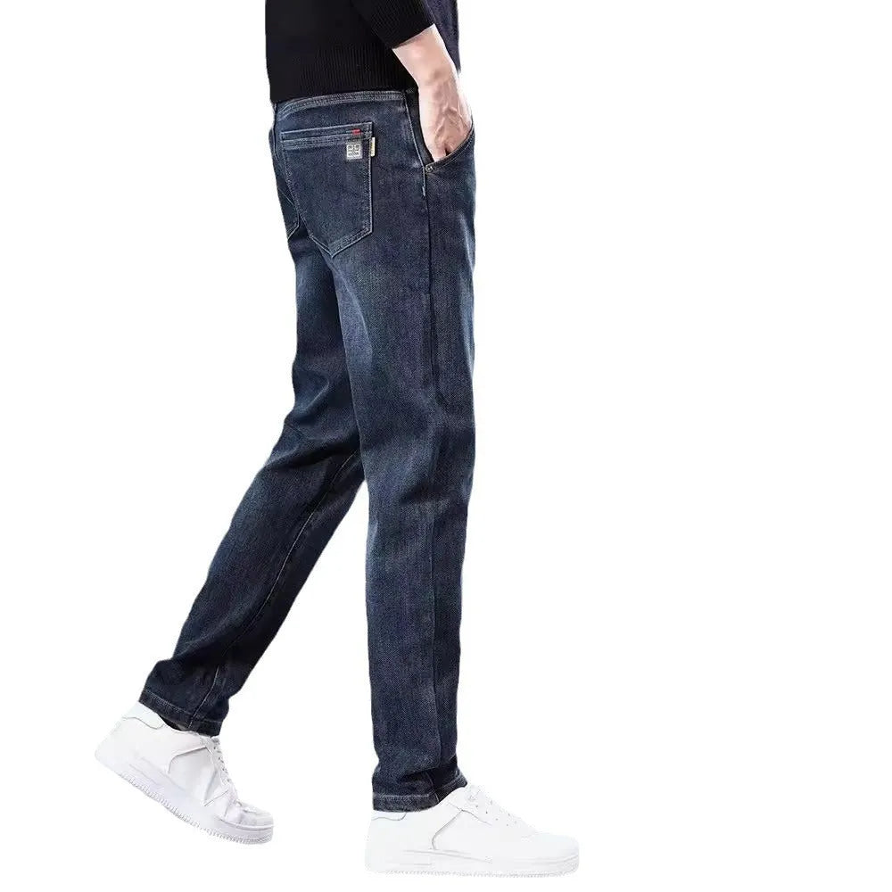 Men's slim straight casual trousers in thin polyester fabric available in black and blue grey colours