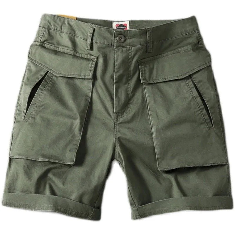Men's cotton cargo shorts with multiple pockets in khaki colour with straight leg design