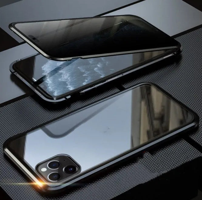Double-sided glass magneto iPhone case showing tempered glass construction and magnetic attachment points