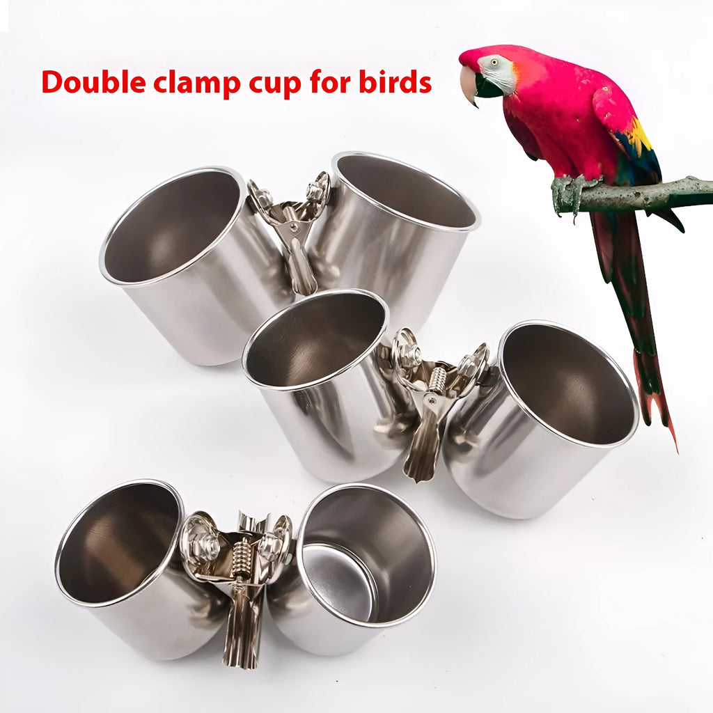 Stainless steel birdcage-style outdoor bird feeder on a green background
