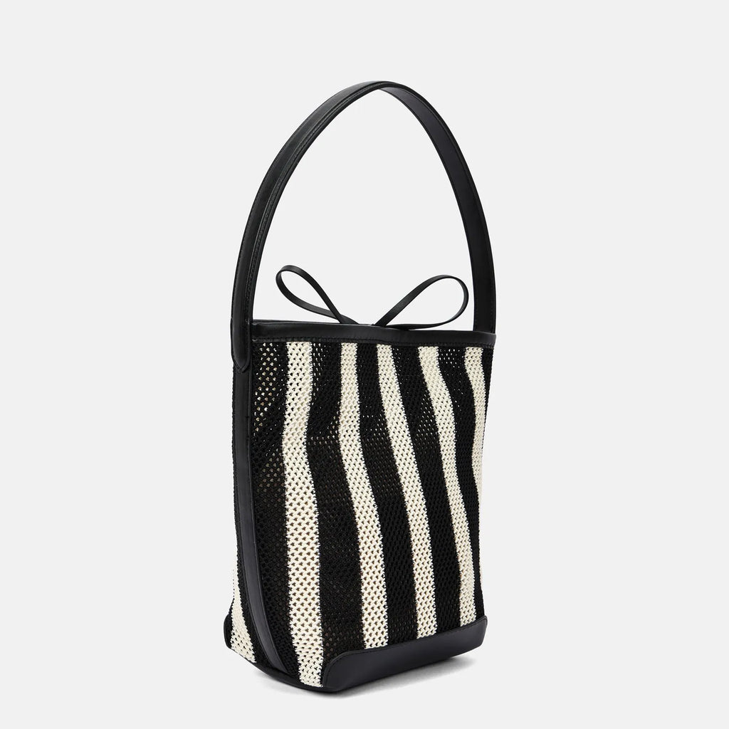 Black and white striped woven fabric women's bucket shoulder bag