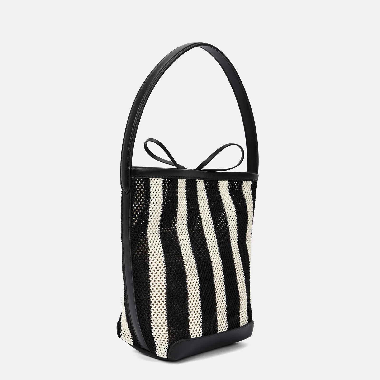 Black and white striped woven fabric women's bucket shoulder bag