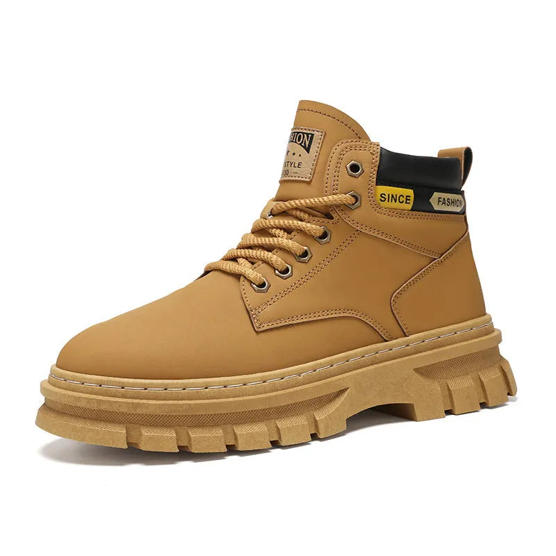 Men's brown round toe Martin boots with lace-up front and a stout heel on a rubber sole.