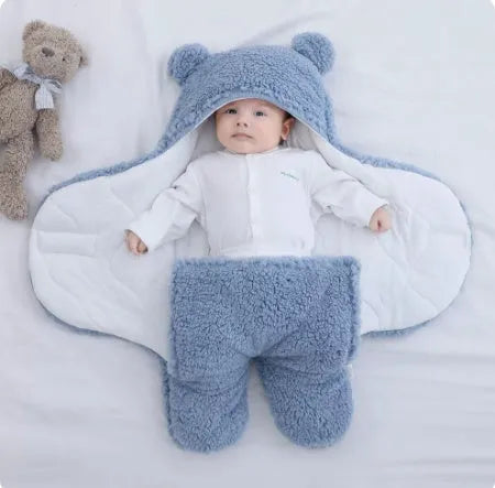 Baby hugging bag cotton lamb wool swaddling quilt in blue thickened version, 80x85cm size, on a soft surface