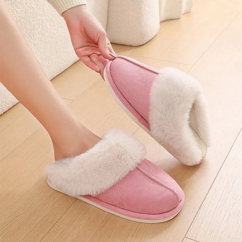 Women's brown plush winter slippers with artificial wool lining and anti-slip PVC sole shown from side view