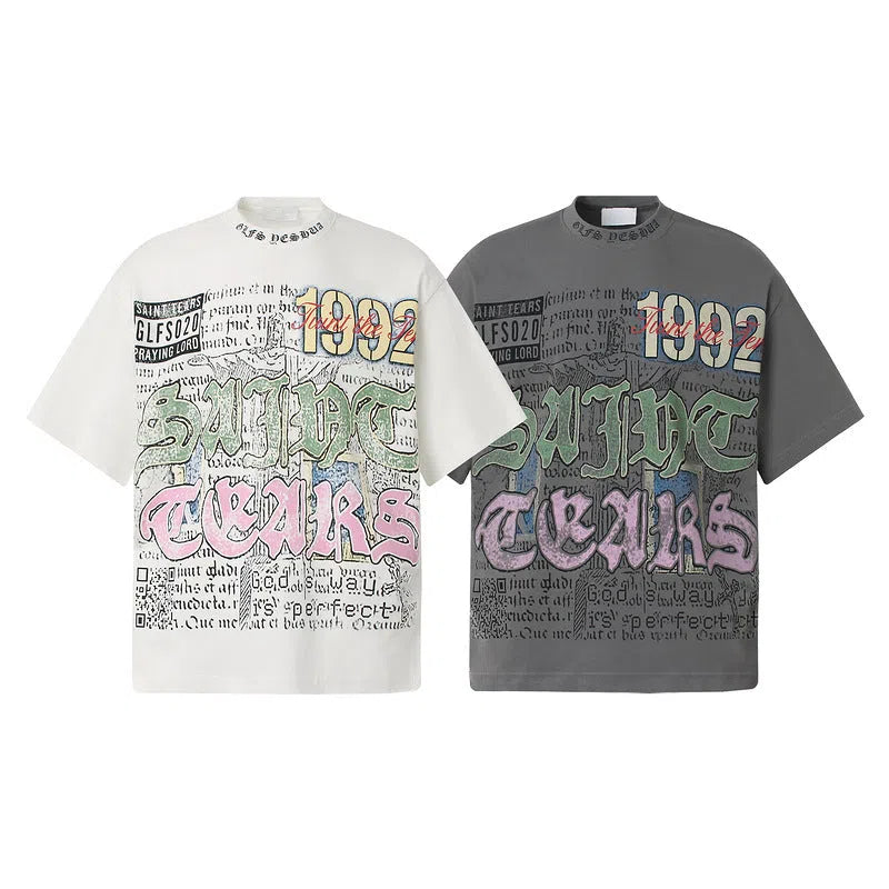 American retro graffiti letter print short sleeve t-shirt in pure cotton loose fit gray