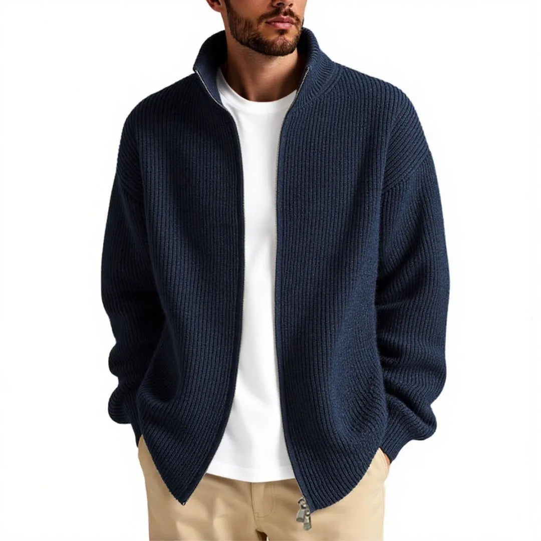 Men's loose V-neck cardigan sweater in grey colour showing casual fit