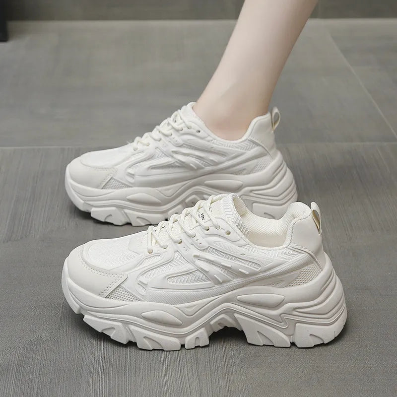 Women's thick bottom breathable tennis shoes with cross shoulder straps in beige and black, sizes 35 to 40
