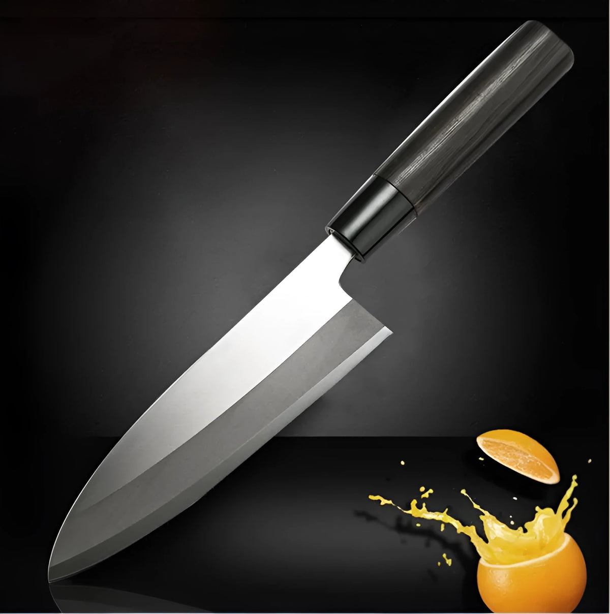 Multi-purpose kitchen knife with V silver steel blade, chestnut handle, 193mm blade length, and 62° point.