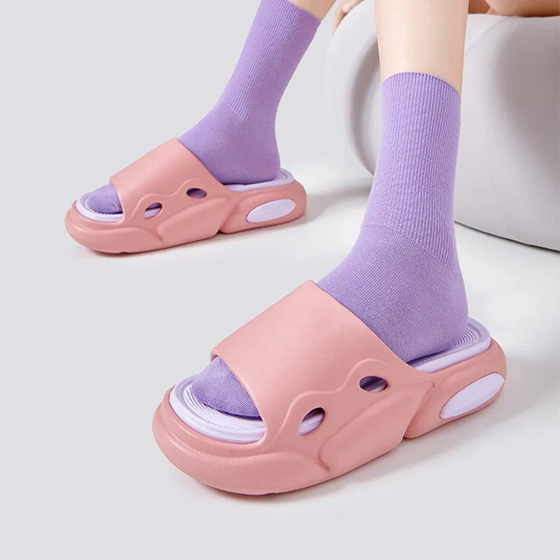 Women's and men's EVA thick-soled couple slippers in two-colour combinations with leather lining