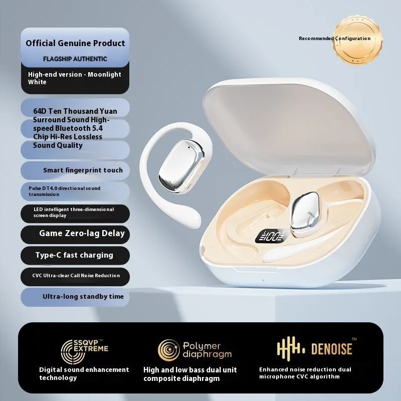 Ear-mounted wireless headphones with digital display screen in black, skin colour or white options