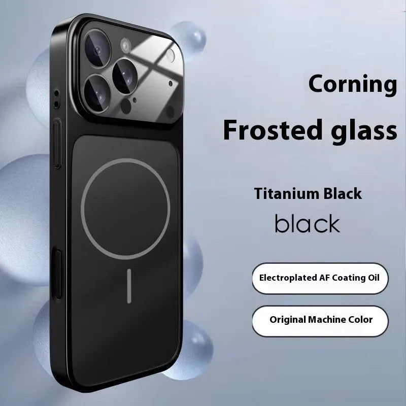 Tempered glass iPhone protective case with magnetic suction, shown in an orange frosted finish.