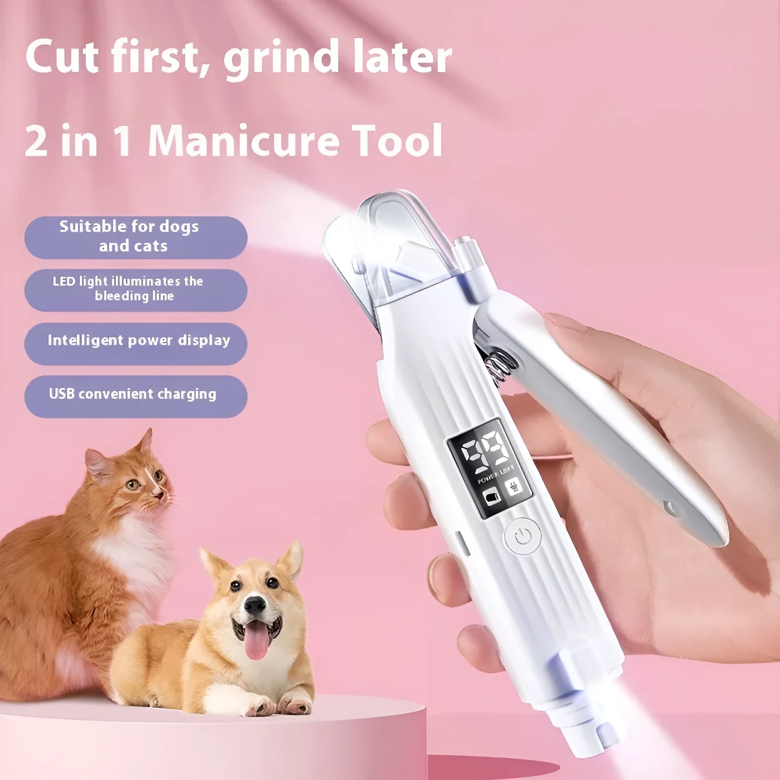 White ABS electric pet nail clippers for dogs and cats with nail piercing device