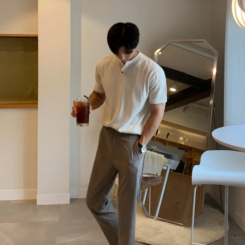 Men's slim-fit ice silk knitted shirt in black, khaki, or white colours