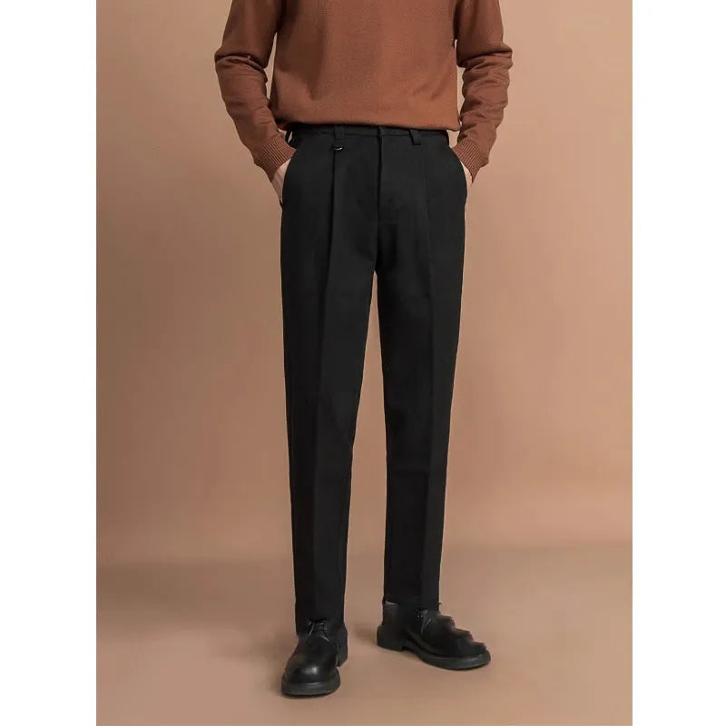 Men's straight-leg business casual trousers in polyester fabric, shown in black, brown, dark gray, or khaki.