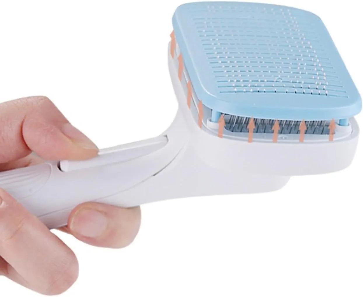 Automatic pet hair removal comb in blue colour measuring 10.7x19.5cm