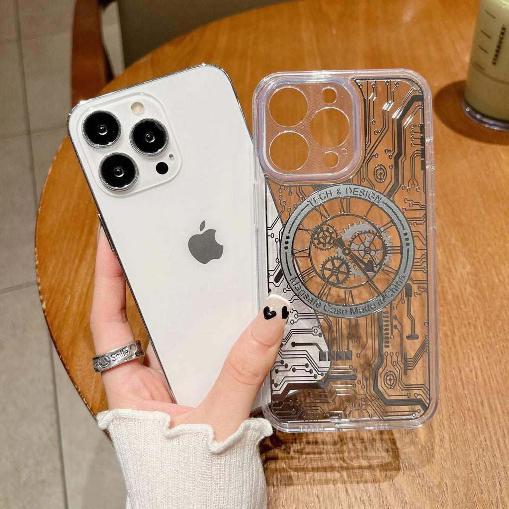 Transparent gold magnetic TPU phone case for iPhone 14 Pro Max 6.7 inch, rear cover with fall prevention and retro style