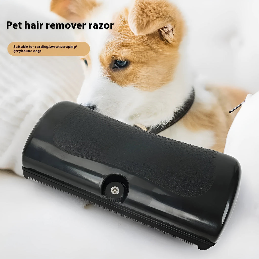 Black PP pet hair removal comb for dogs, 68x146mm, on a light background