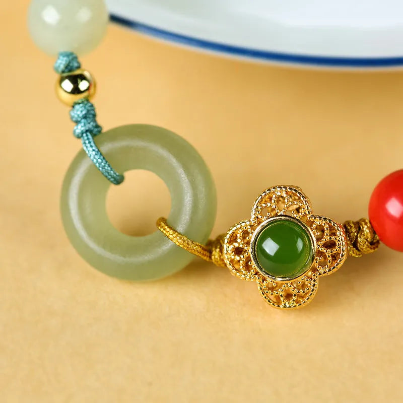 8mm cinnabar and Hetian gray jade flower bracelet in retro ethnic style for women