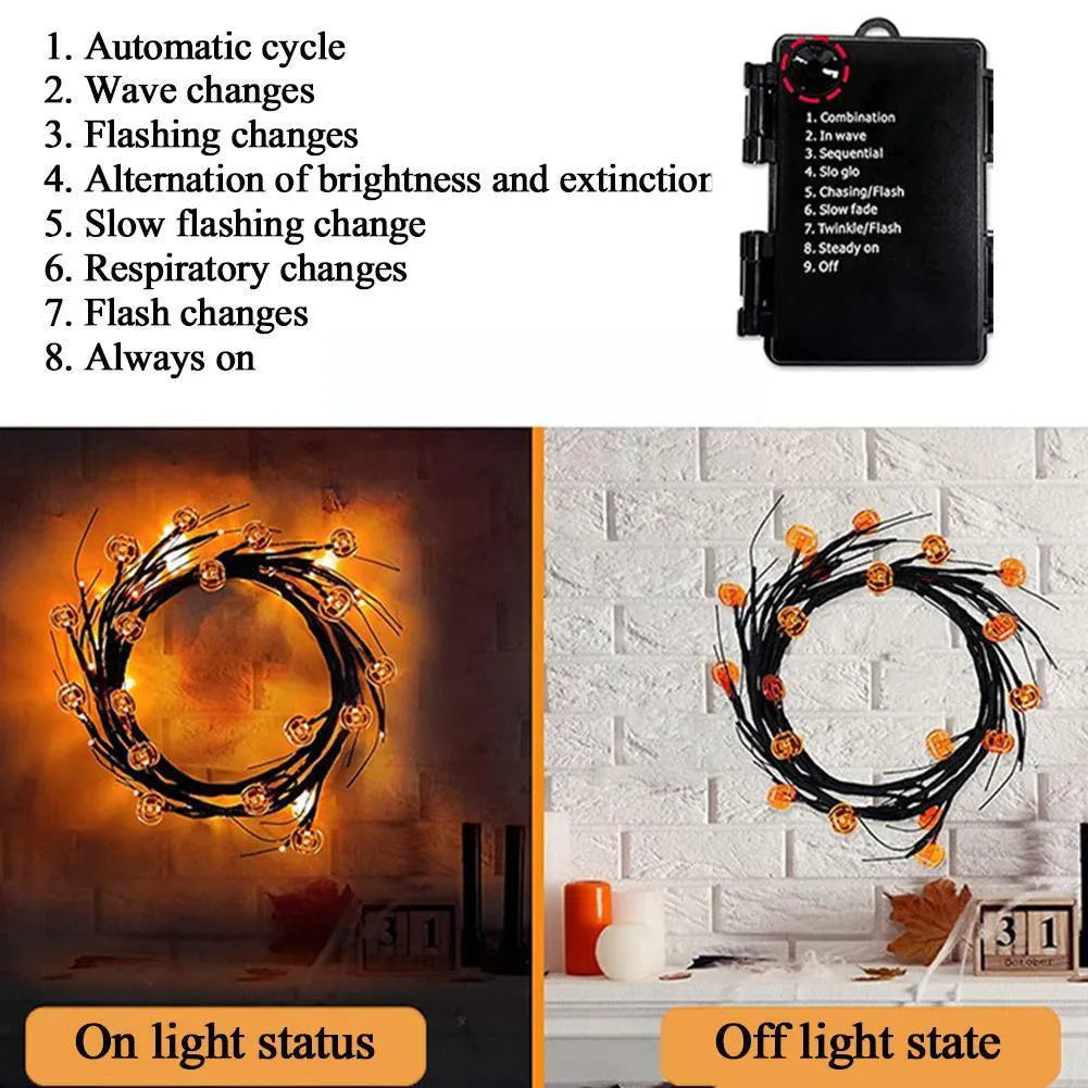 Halloween LED willow vine string light with 100 cartoon bat and pumpkin rattan lanterns on a 2-metre vine for indoor outdoor decor