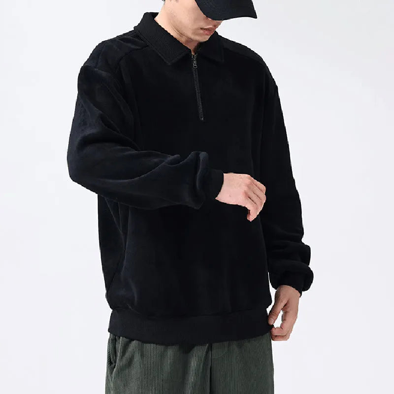 Men's fleece half-zip lapel hoodie in black, long sleeves, polyester cotton blend, winter warm top