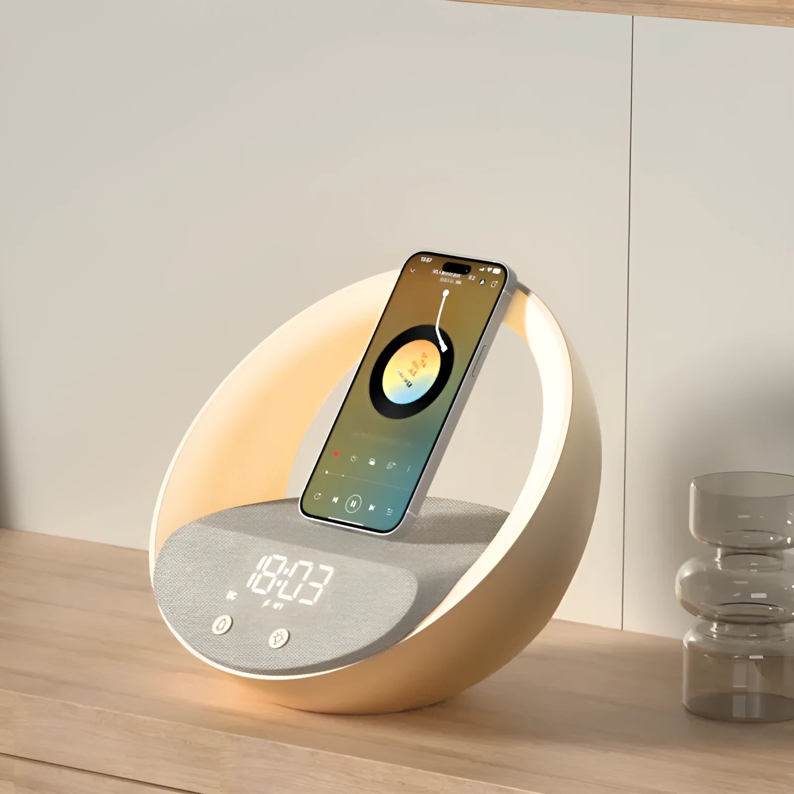 Beige wireless charging pad with digital clock, Bluetooth speaker, and ring of RGB LED mood lights.