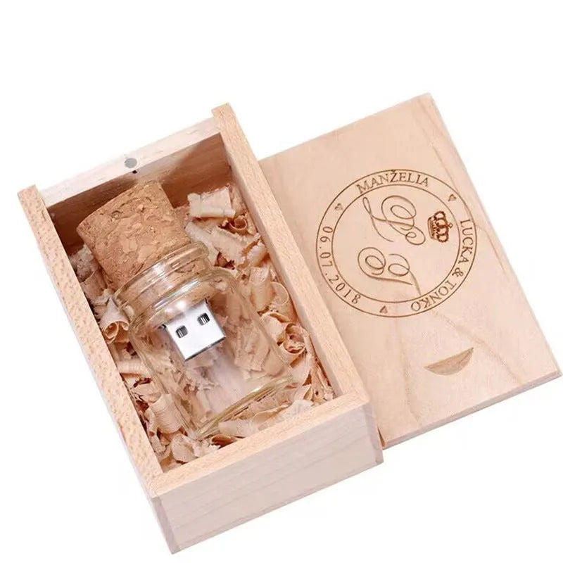 Wooden wish drift bottle USB flash drive with transparent casing showing decorative elements inside