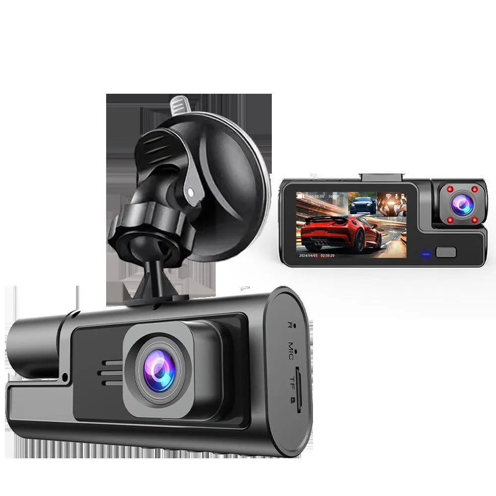 Black car dash cam with 2-inch screen, mounted on windscreen, showing WiFi logo and rear camera for reversing image.