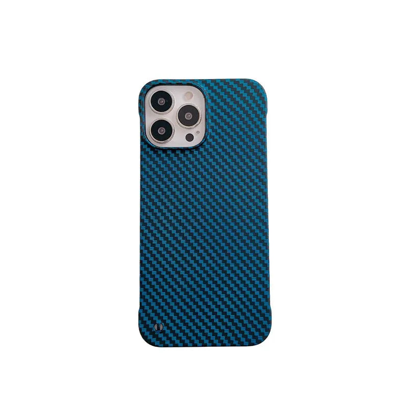 Frameless carbon fiber pattern hard shell phone case with kickstand in silver for iPhone 15 Pro