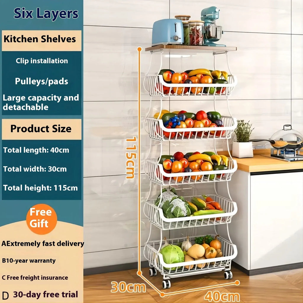 Black freestanding kitchen storage trolley with six open wire shelves.