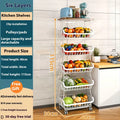 Black freestanding kitchen storage trolley with six open wire shelves.