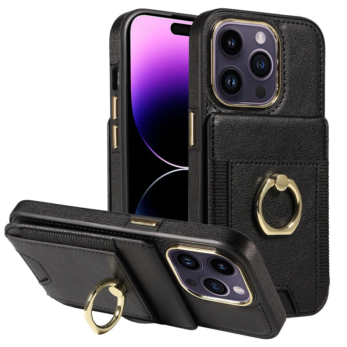 Black imitation leather phone case with card slot, bracket, and magnetic back for iPhone