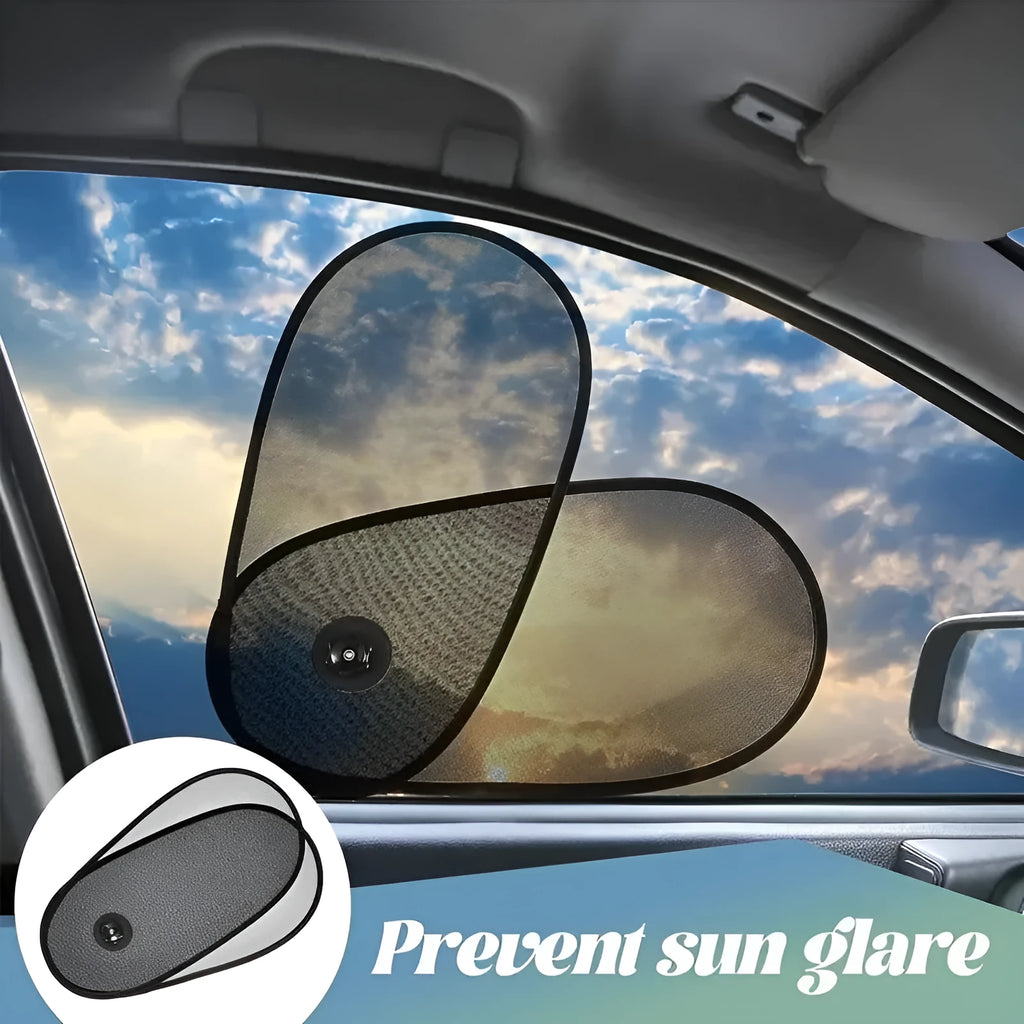 Black breathable car window shades with suction cups stretched across vehicle side window