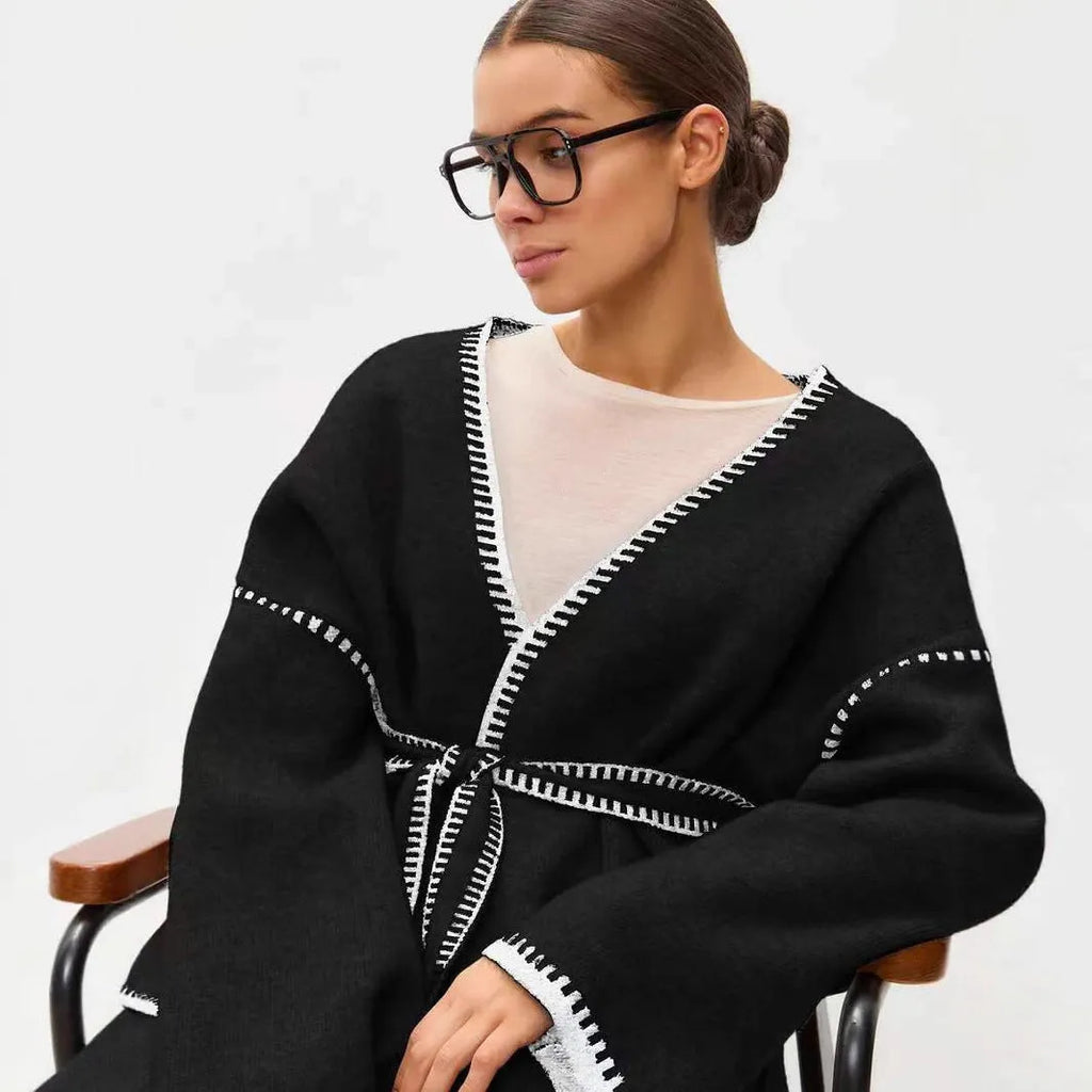 Loose knitted cardigan sweater coat with lace-up front detail in camel colour
