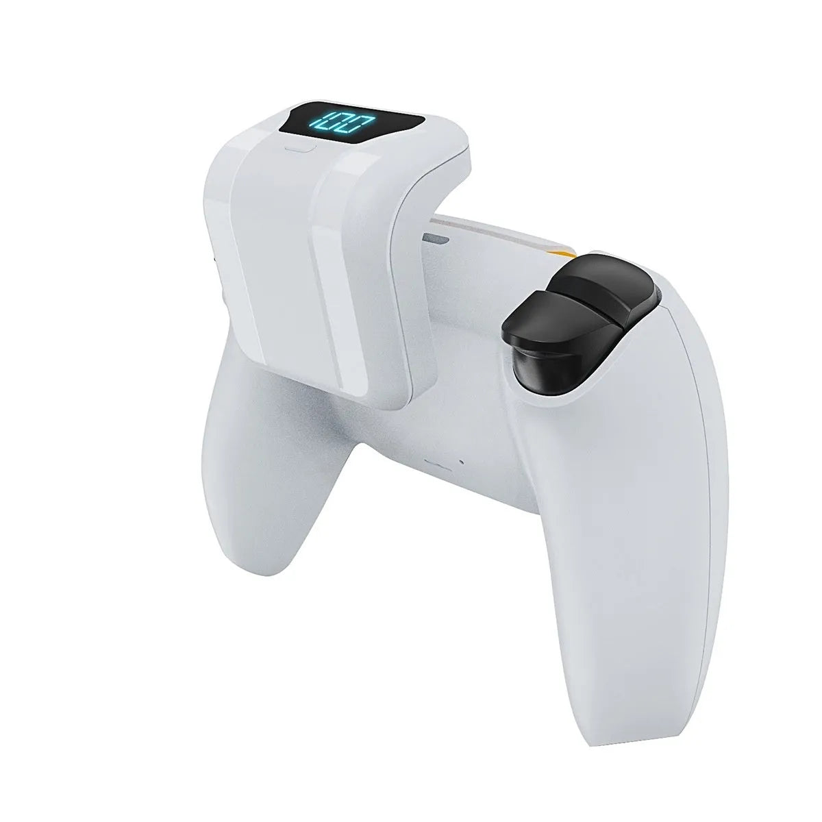 PS5 controller with white 1500mAh battery pack attached to back, LED display visible