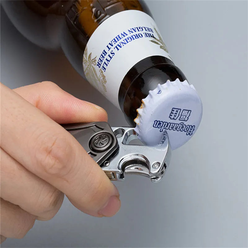 3-in-1 fidget spinner keychain with pocket knife and beer bottle opener in polished chrome-plated alloy