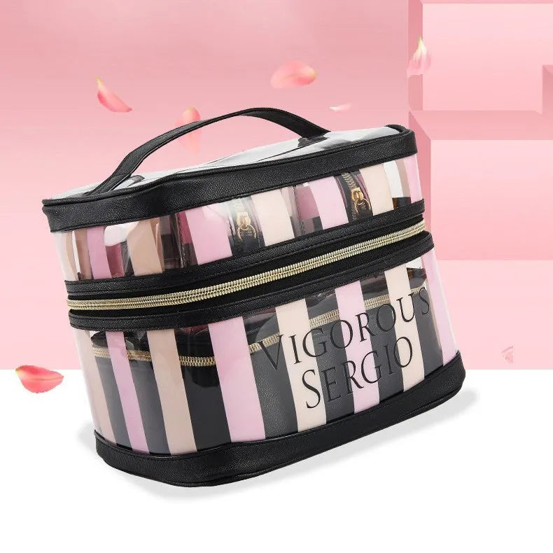 Pink bold stripes waterproof makeup bag with floral pattern synthetic leather folding cosmetic organiser