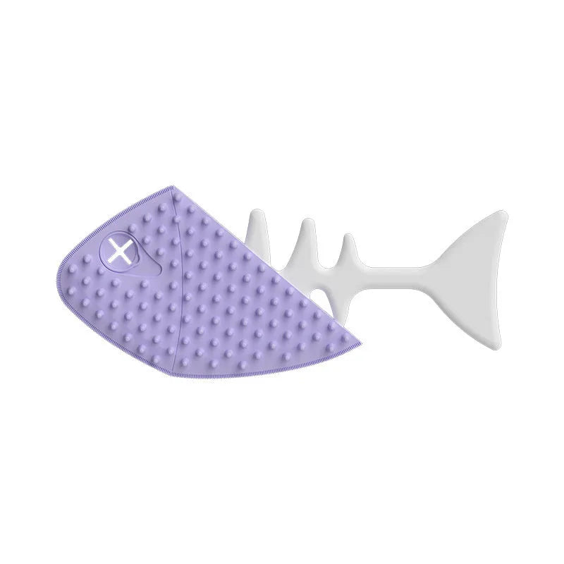 Fishbone-shaped cat brush for indoor pets, available in blue, gray, and purple colours
